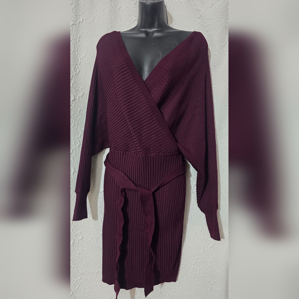 Lane Tree Womens Wine Ribbed Sweater Dress Deep V Front/Back Belted Size Large